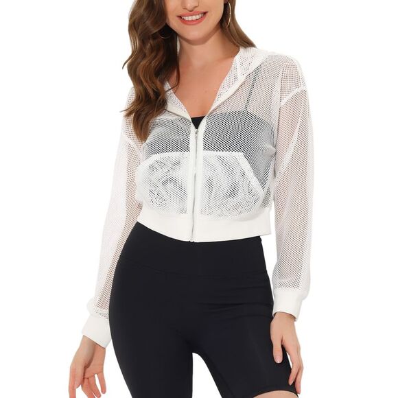 Mesh Jacket Zip Up Fishnet Hoodie Sexy See Through Crop Bomber Jackets White - Picture 1 of 6